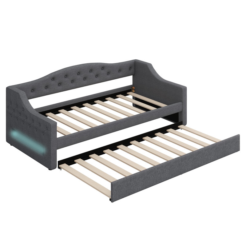 Upholstered Daybed With LED Belt And Trundle, Gray