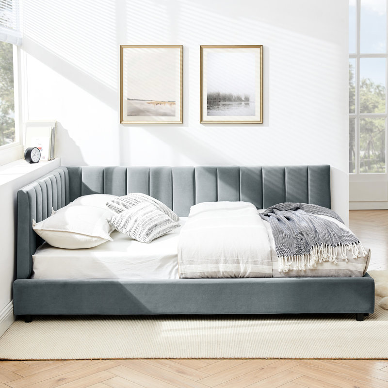 Lit de jour confortable, rembourré de velours gris avec lit, stable