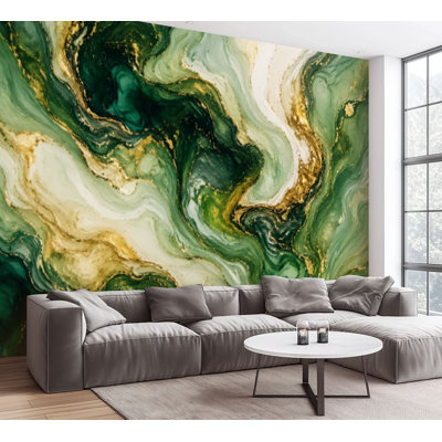 Wall Mural Peel and Stick Wallpaper Green Gold Abstract Marble Gold Foil Emerald Green Dark Green Modern Self-Adhesive Removable Contact Paper Wall Decor for Living Room Bedroom 100"H x 144"W