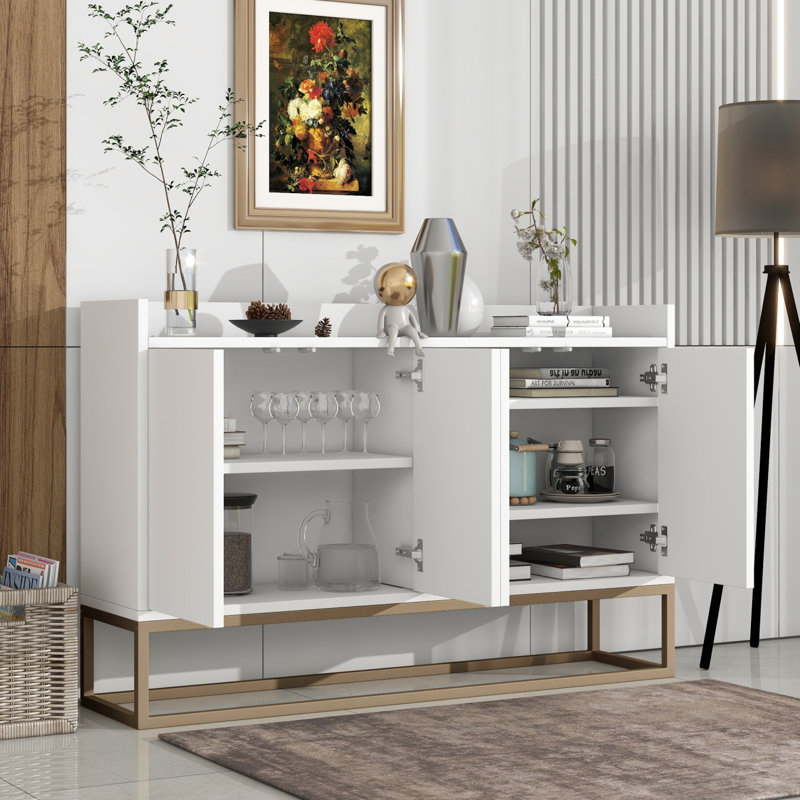 Armoire décorative, armoire de rangement, armoire buffet, armoire 4 portes, Blanc / Doré