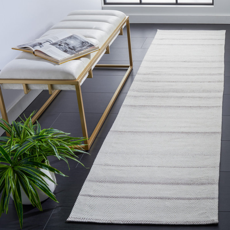 Tapis gris / ivoire en laine tissé à la main Earin, Tapis de couloir 2 pi 3 po x 9 pi