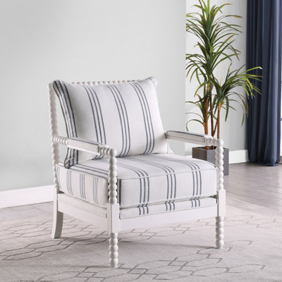 Fauteuil d'appoint 75 cm L x 86 cm P x 97 cm H, structure en mousse et bois massif, 1 pièce, blanc et bleu marine à rayures