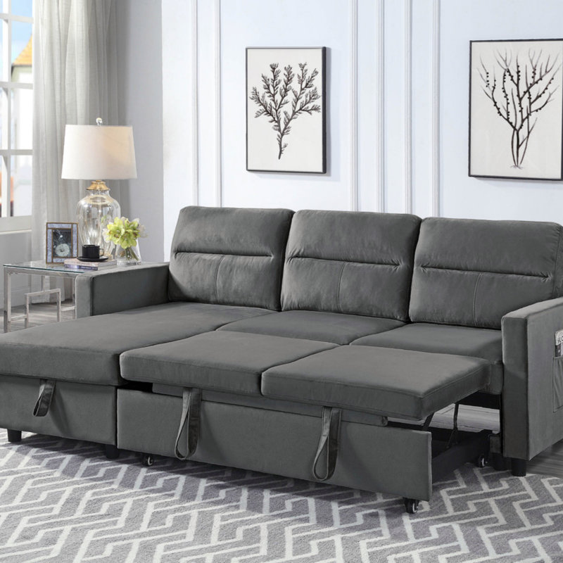 Phenex Seaside Style Reversible Sleeper Sectional Sofa, Gray Velvet