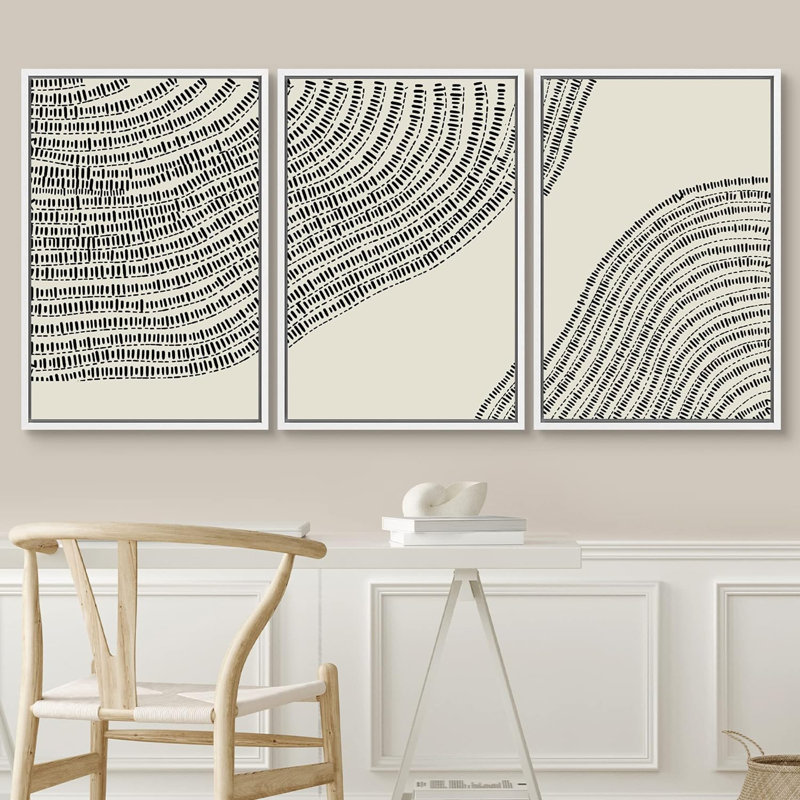 Line Art, géométrique, arbre en bois, anneau, impression sur toile, 3 pièces, H 24 po x l 48 po, Cadre flottant blanc