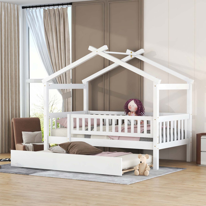 Lit en bois avec lit gigogne simple, Lit simple, Blanc