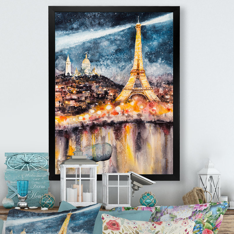 «Paris At Night with Bright Shining Eiffel Tower», reproduction sur toile, H 20 po x l 12 po x P 1 po, Cadre noir