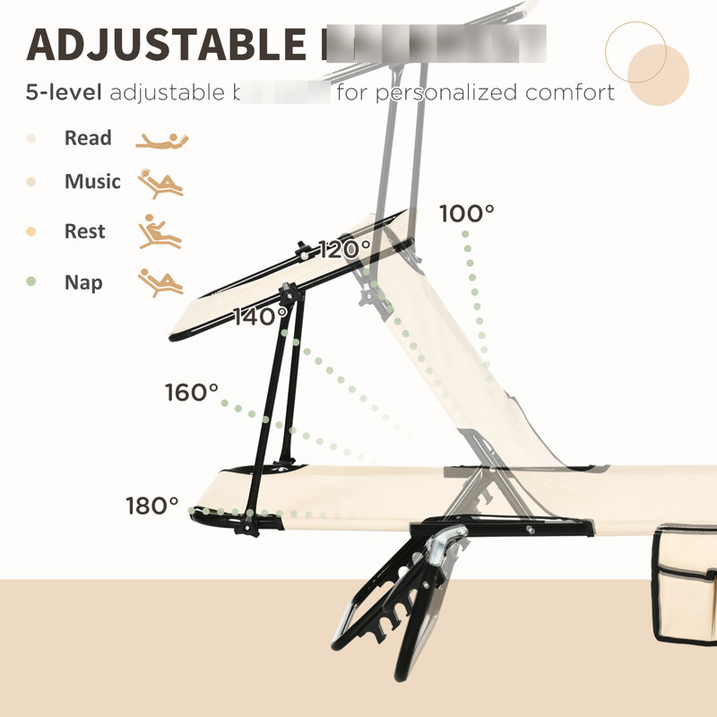 Chaise longue de plage pour la piscine - Chaise longue pliante avec parasol, dossier inclinable, chaises longues en acier inclinable, pliable, construction brun clair, patio