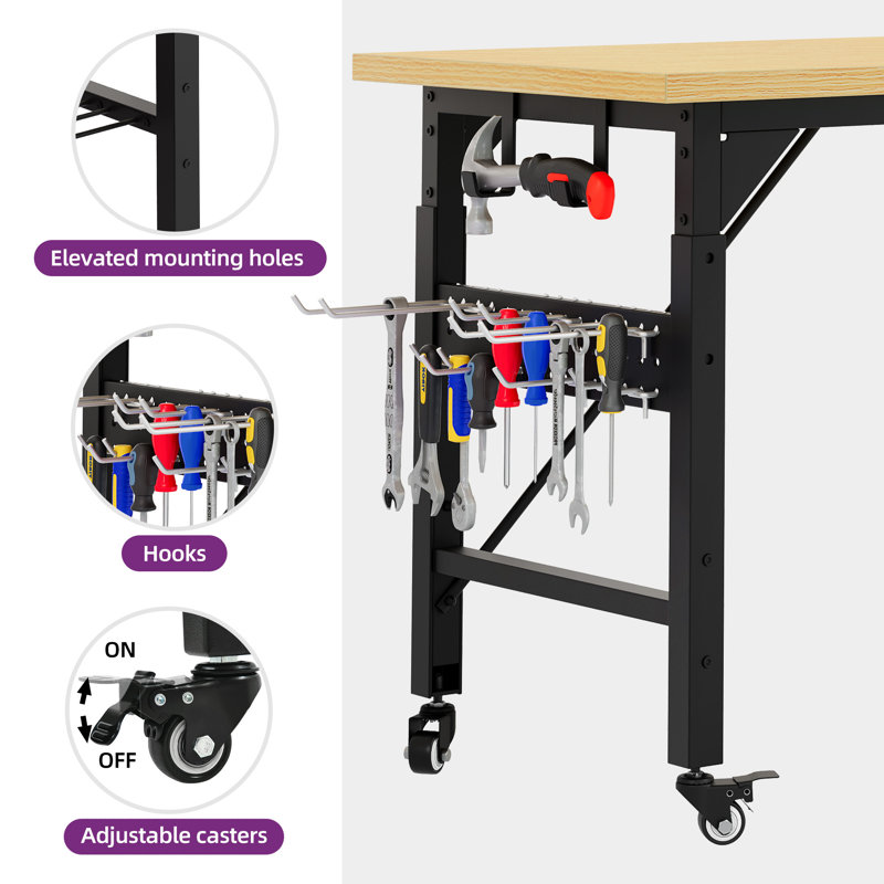 59.2'' W Manufactured Wood Top Height-Adjustable Workbench with Wheels