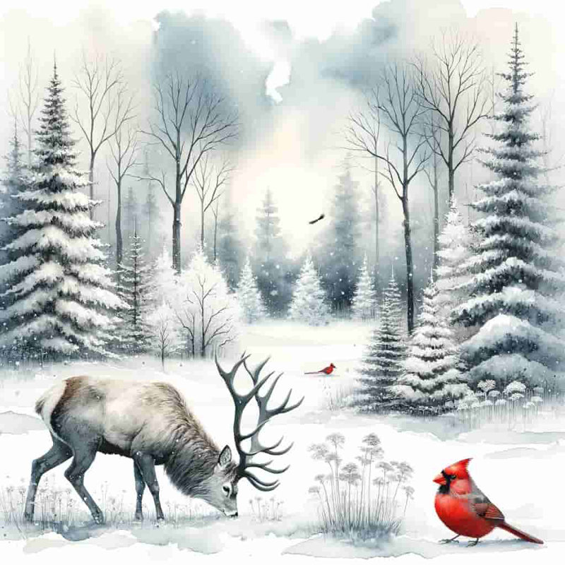 " Winter's Grace: Majestic Deer And Cardinal In Snow "