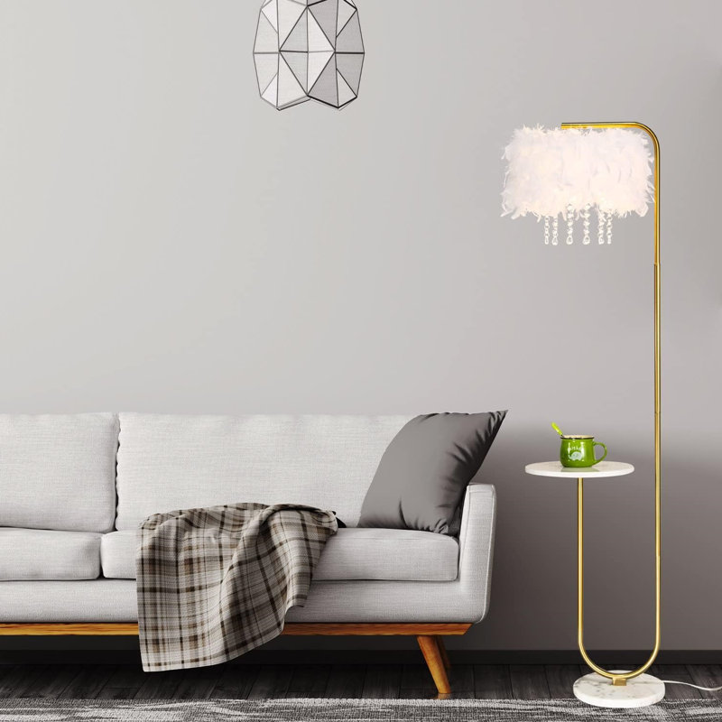 Lampe sur pied plume blanche à DEL unique avec plateau