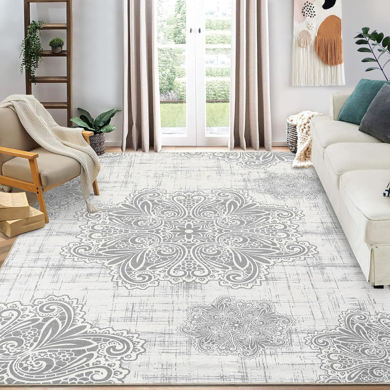 Vintage Washable Runner Rug – Non-Slip, Low Pile, Retro Indoor Carpet for Kitchen, Entryway, Laundry, Beige-Grey