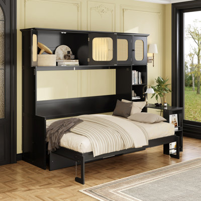 Murphy Bed with Desk and Rattan Cabinets, Space-Saving Wall Bed for Home Office