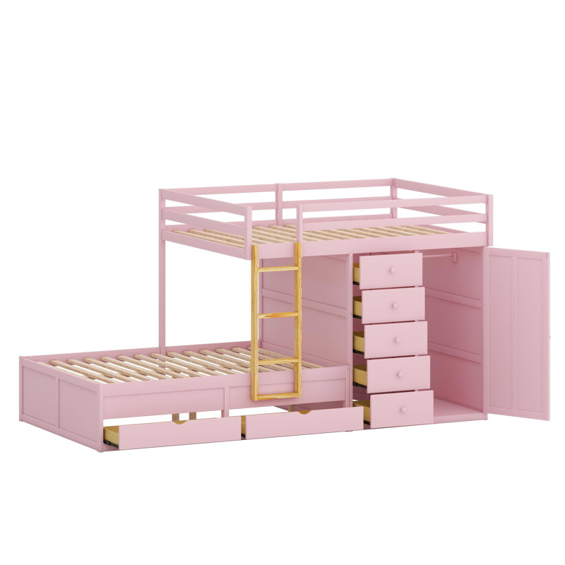 Lit superposé peu encombrant avec grands et petits tiroirs de rangement et garde-robe intégrée, Rose