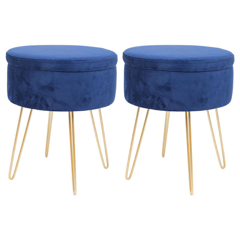 Harbour Housewares Round Velvet Storage Footstools - Pack of 2, Gold, Blue