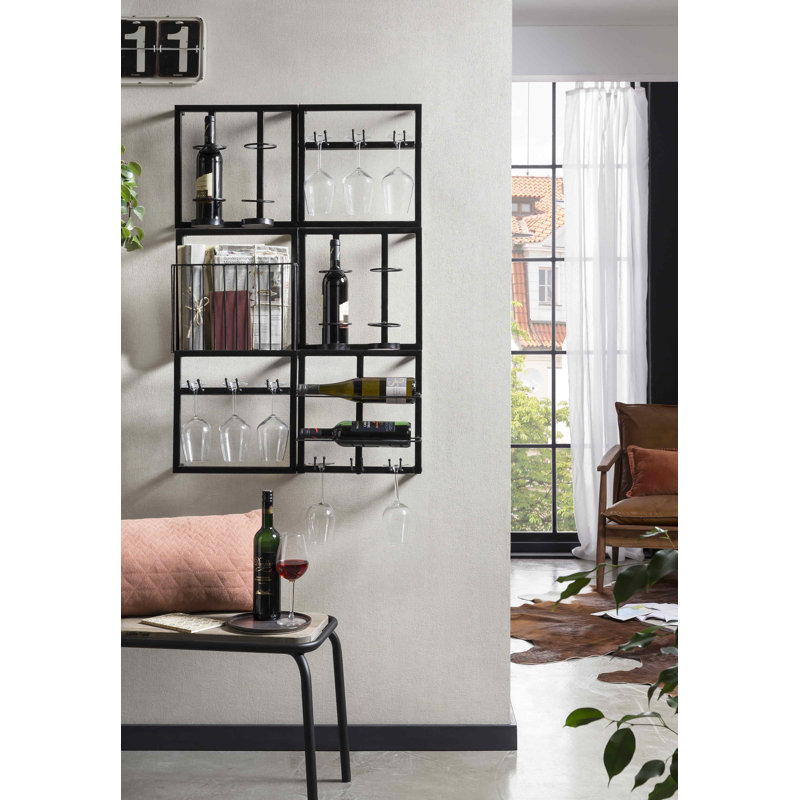 Cavonte Wall Mounted Wine Bottle & Glass Rack in Black