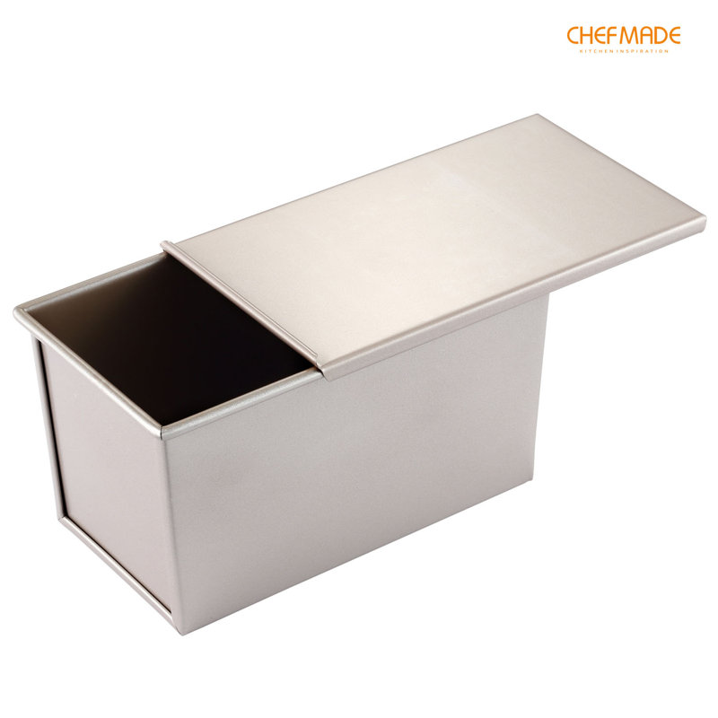 CHEFMADE  Flat Pullman Loaf Pan with Lid , Non-stick Toast Box, 4.61" H x 8.38" L x 4.84" W