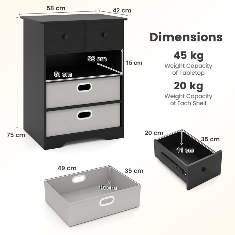 58cm W Manufactured Wood Bedside Table, Black