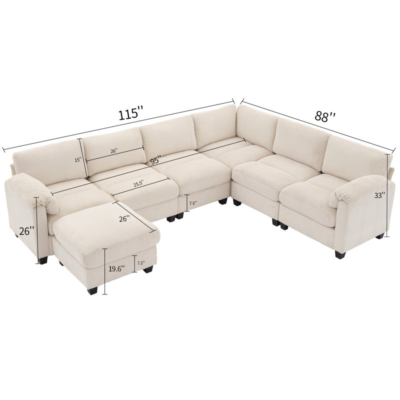 7-Piece Upholstered Corduroy Sectional, Beige