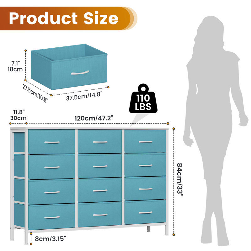 Metal 30cm W 12 - Drawer Chest of Drawers, Blue