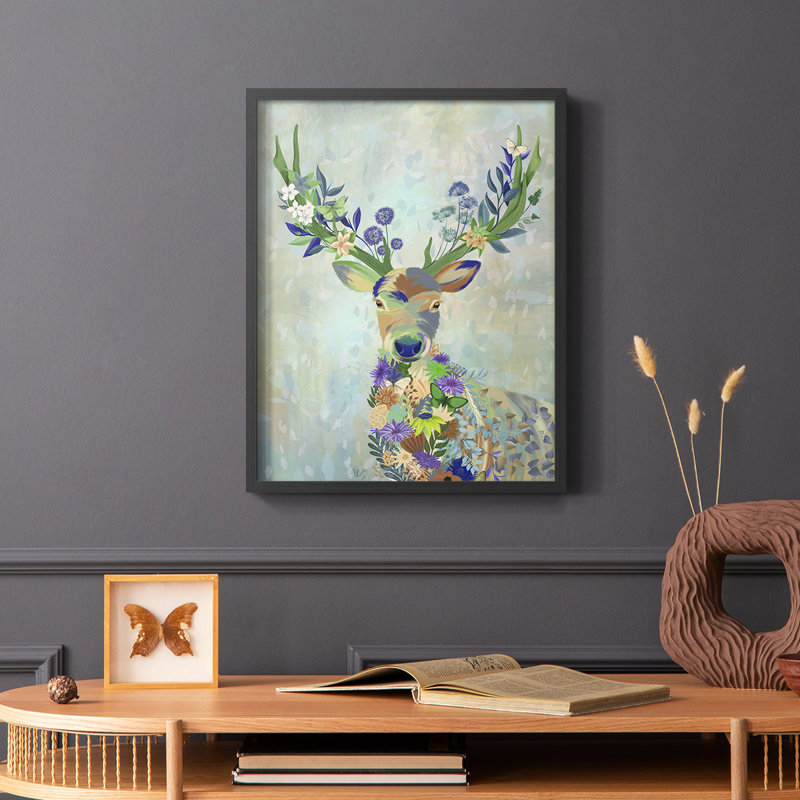 Fantastic Florals Deer, Portrait, reproduction encadrée - bois massif, Noir, H 28 po x l 22 po