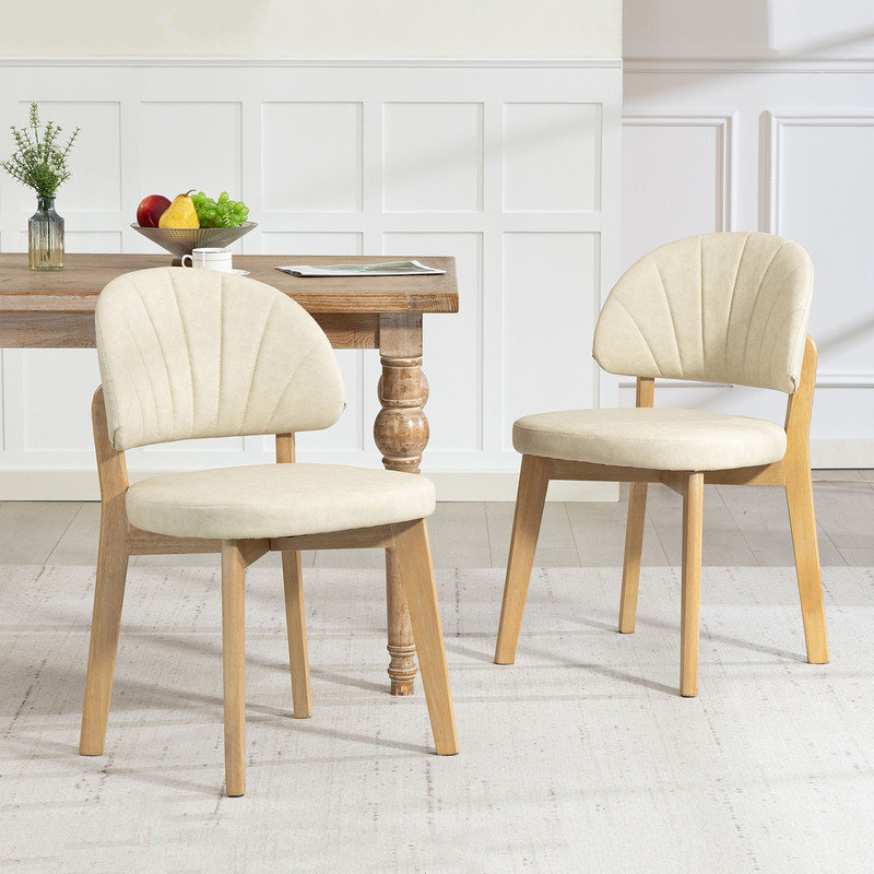 Chaises de salle à manger rembourrées en bois massif de style Mid-Century, Begie Leather