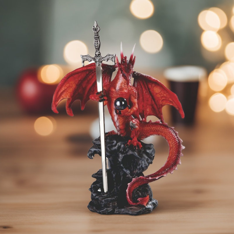 8.75"H Red Dragon with Sword Figurine
