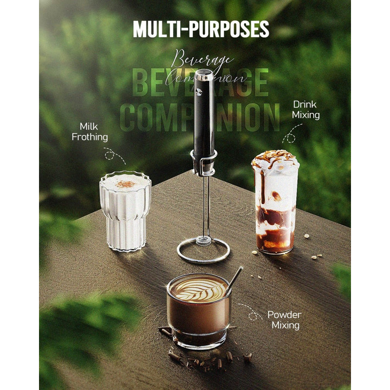 Rechargeable Black Stainless Steel Handheld Milk Frother with Stand