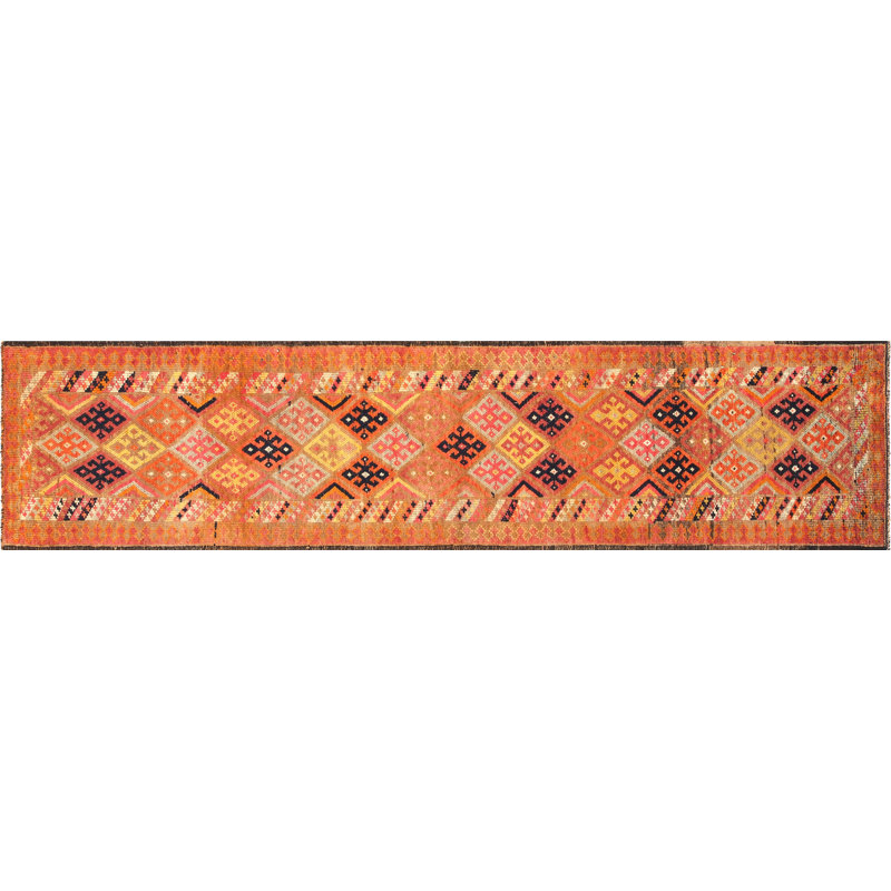 Tapis de couloir unique en laine noué à la main des années 1960 de 2 pi 8 po x 11 pi 3 po en orange / noir / jaune / gris