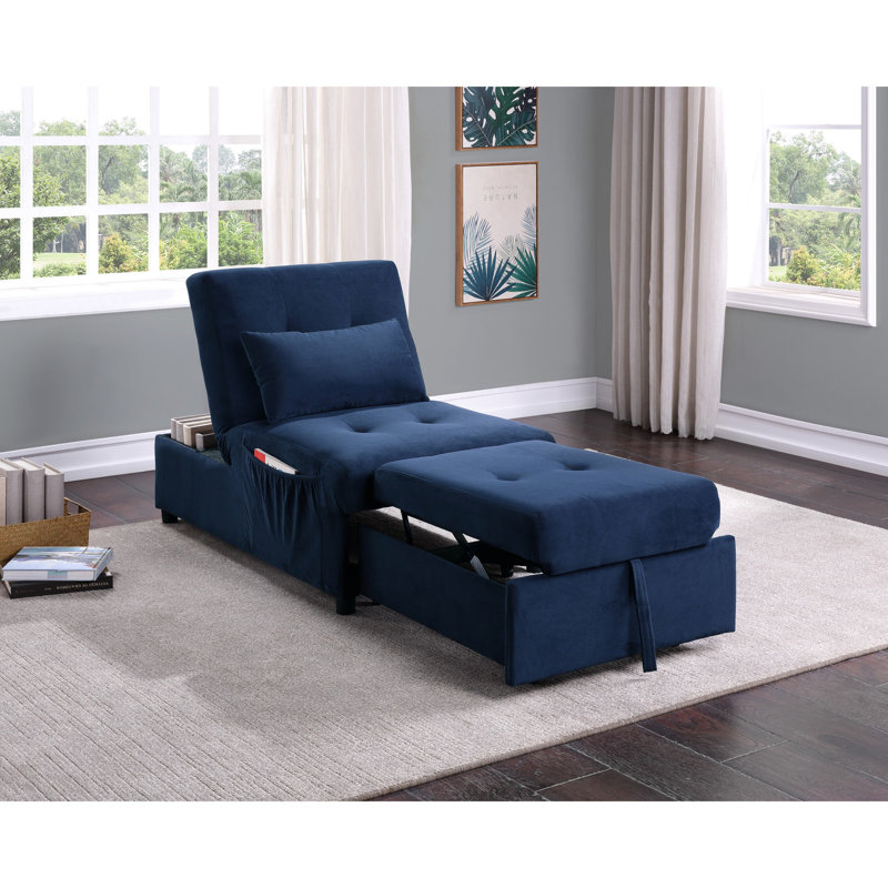 Banc de rangement moderne avec lit escamotable en velours bleu foncé - fabrication en bois massif et housse de coussin lombaire confortable