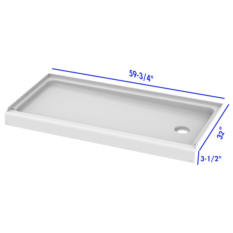 Acrylic Shower Base, 60" X 32" X 3.5"  Rectangular Shower Base In White, Single, Right