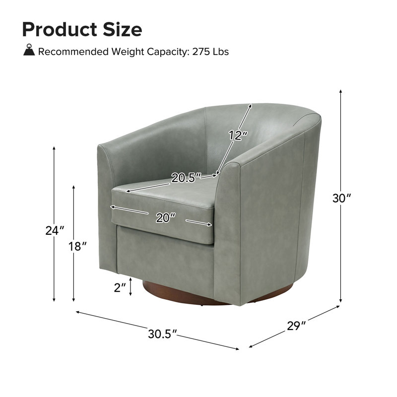 Fauteuil demi-tonneau pivotant en cuir véritable de 30,5 po de largeur avec base en bois massif Amiir, Sauge