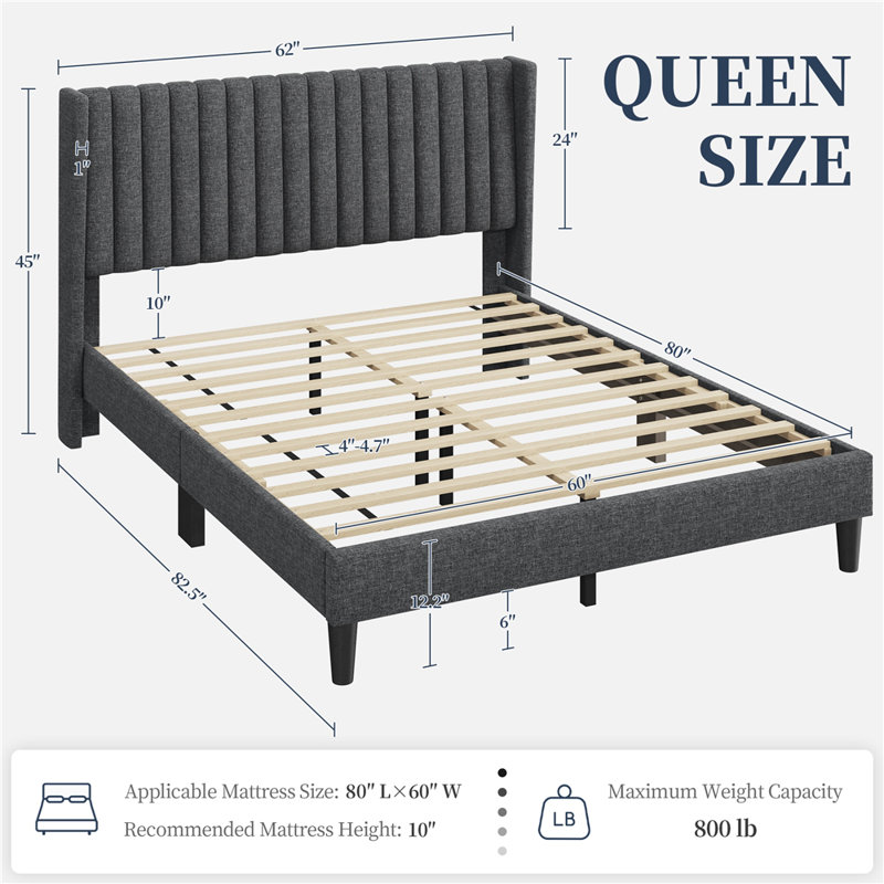 Upholstered Panel Bed, Queen, Dark Gray