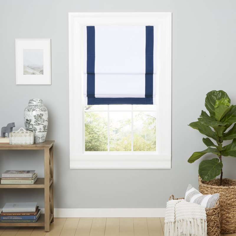Frontera Blackout Roman Shade, White/Denim, 27"W x 64"L