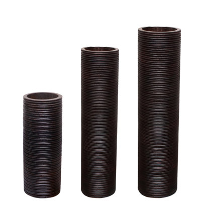 Brown Decorative Contemporary Mango Wood Ribbed Design Cylinder Shaped Floor Vase