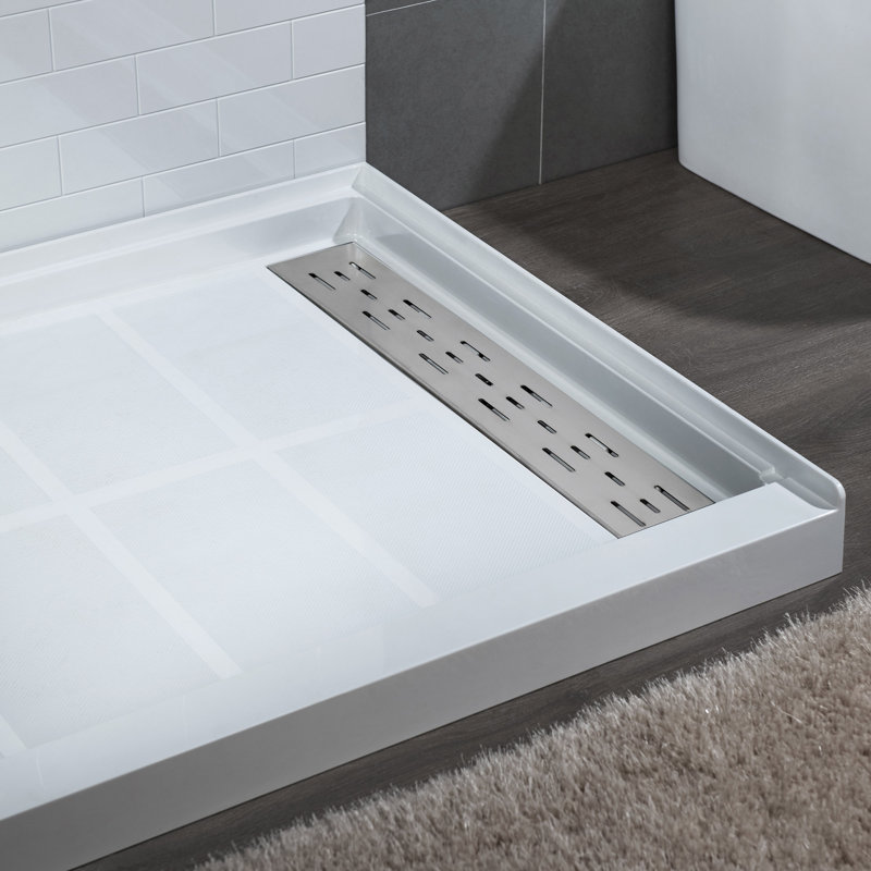  48" W x 36" D Single Threshold Non-Slip Solid Surface Shower Pan Base with Drain Assembly and Drain Cover Included, Droite