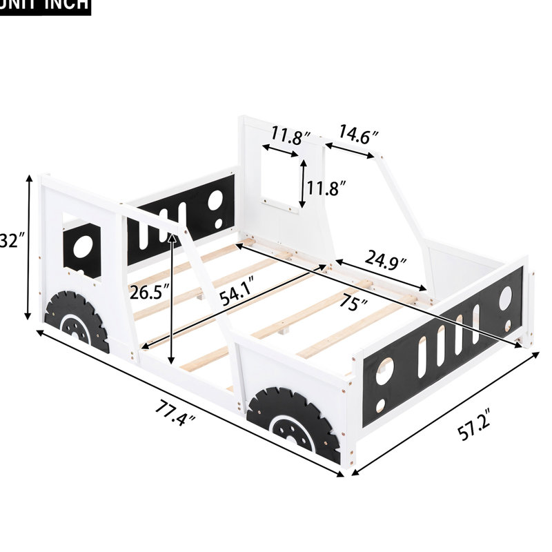 Lit plateforme blanc classique avec roulettes, structure en bois de pin et roues en forme de voiture pour chambre à coucher