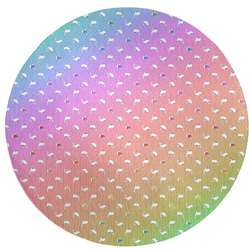 Tapis saumon/rose/bleu baleines, Rond 5 pi
