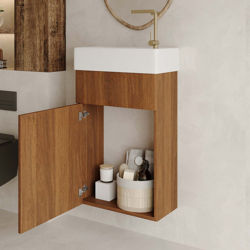 Meuble-lavabo flottant moderne peu encombrant avec lavabo et rangement en céramique intégrés