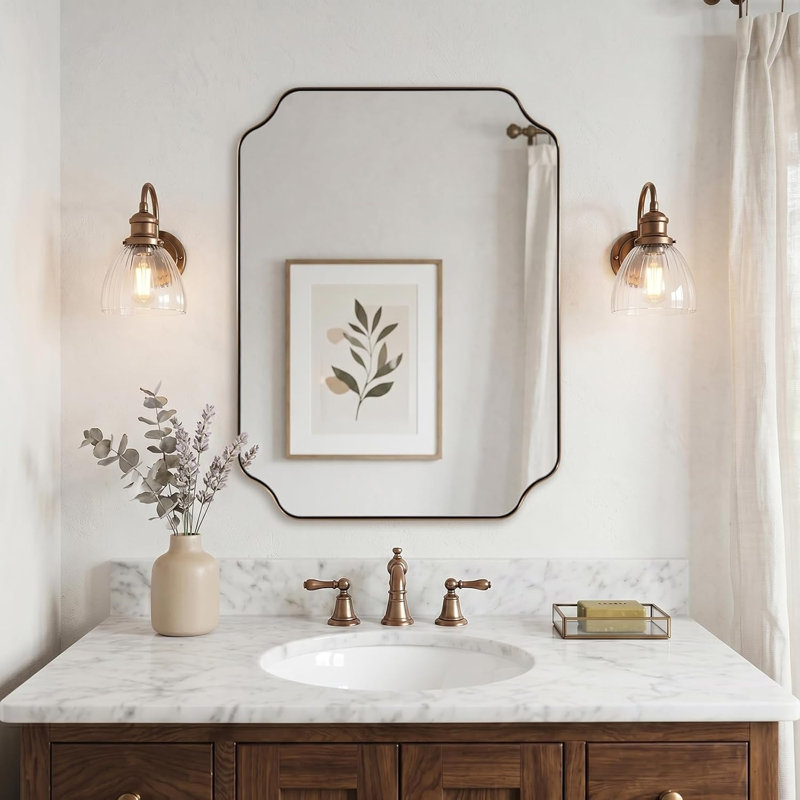 Modern Scalloped Corner Rectangle Bathroom Vanity Mirror | Stainless Steel Frame, 32" x 24", Champagne Bronze