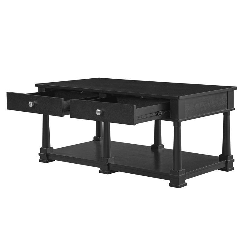 Table basse rectangulaire style ferme FFZ 45,3 po avec 2 tiroirs, tablette inférieure et pieds en bois massif noir, Black