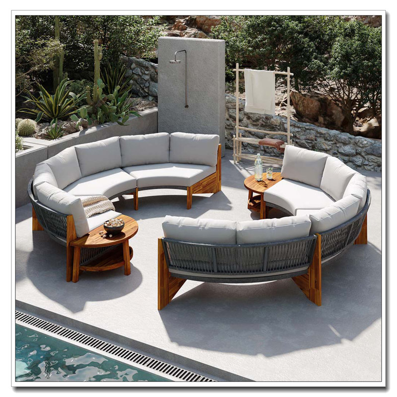 Ensemble de canapé d'extérieur en demi-cercle 3 pièces avec table basse en bois d'acacia, Gris