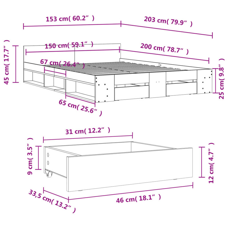 Obyrne Bed, 150 x 200cm, Smoked Oak