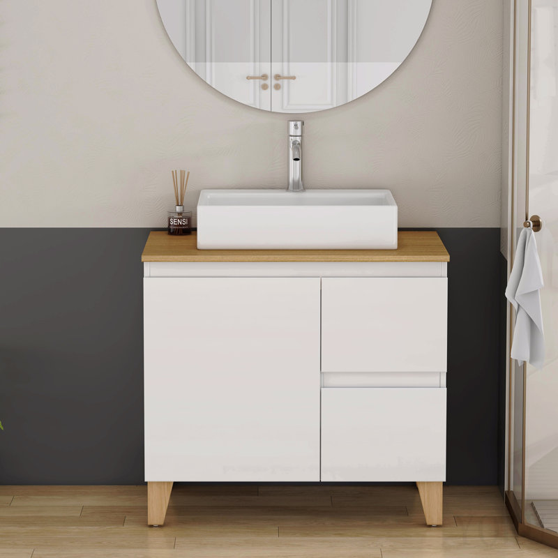 Meuble-lavabo moderne de 80 cm avec lavabo intégré, 1 porte et 2 grands tiroirs, système de fermeture amortie, design sans poignées, plateau et pieds en bois massif naturel, lavabo rond en céramique sur le comptoir, blanc lustré