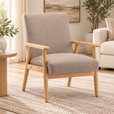Light Camel Microfiber Armchair with Curved Wooden Arms, Mid-Century Modern Accent Chair with Padded Seat