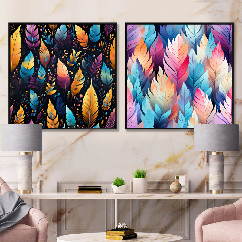 Tribal Dreamscape Feather Boho Motif III - Botanicals abstraits ensemble de collage carré, Cadre flottant noir