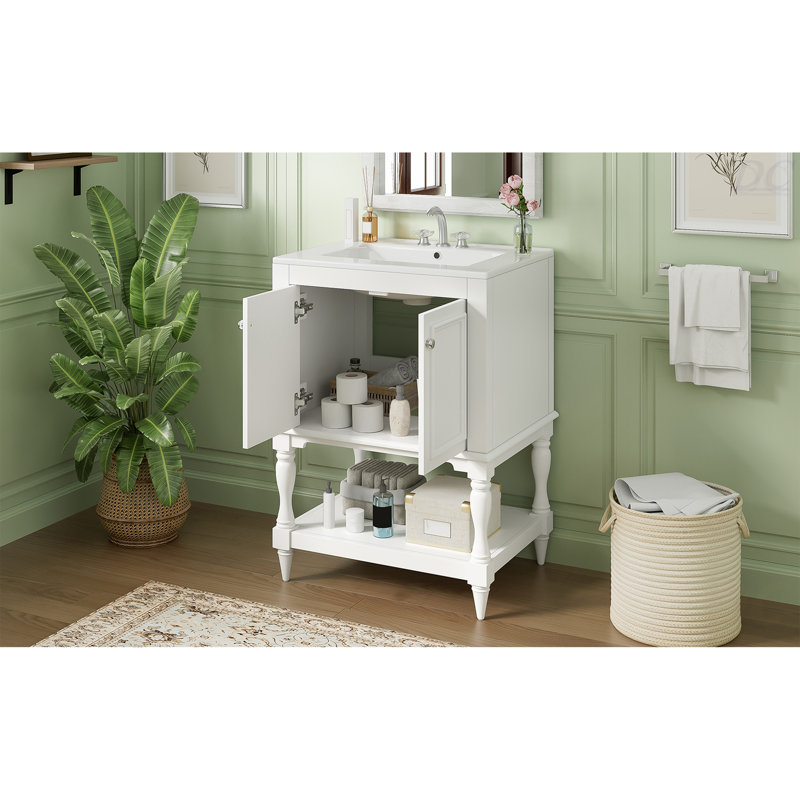 Meuble-lavabo de luxe moderne de 24 po avec lavabo en céramique, meuble de salle de bain avec tablette ouverte et rangement fermé