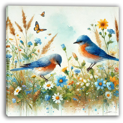 «Meadow Serenade - Bluebirds in Wildflowers», reproduction d'art sur toile