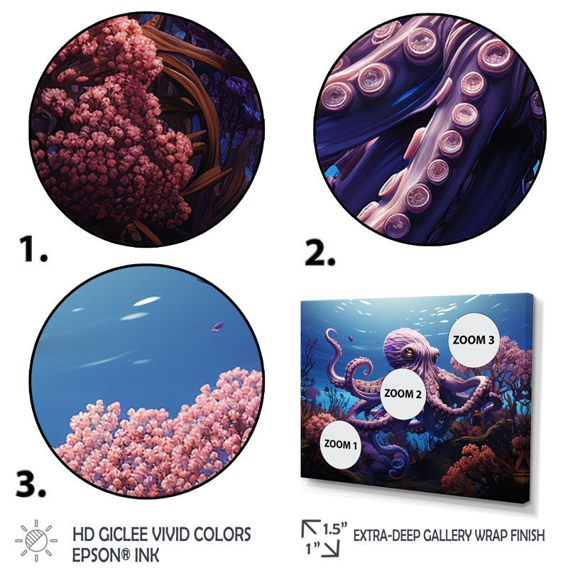Mauve oasis de pieuvre I - art mural animaux côtiers, Cadre d'angle fermé noir, H 34 po x l 44 po x P 1,5 po