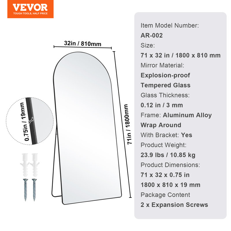 Miroir de plancher rectangulaire, Noir, 71 po x 32 po