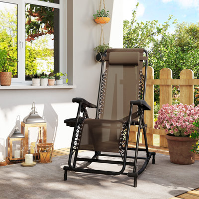 Fauteuil de jardin inclinable pliable sans gravité avec coussin, porte-téléphone et porte-gobelet, brun
